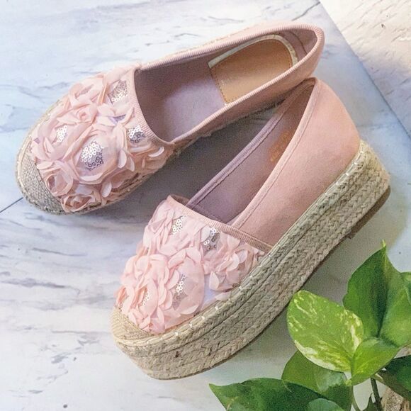 Blush Floral Espadrille Platforms | 3D Flower Slip-On Sneakers - Picture 3 of 8
